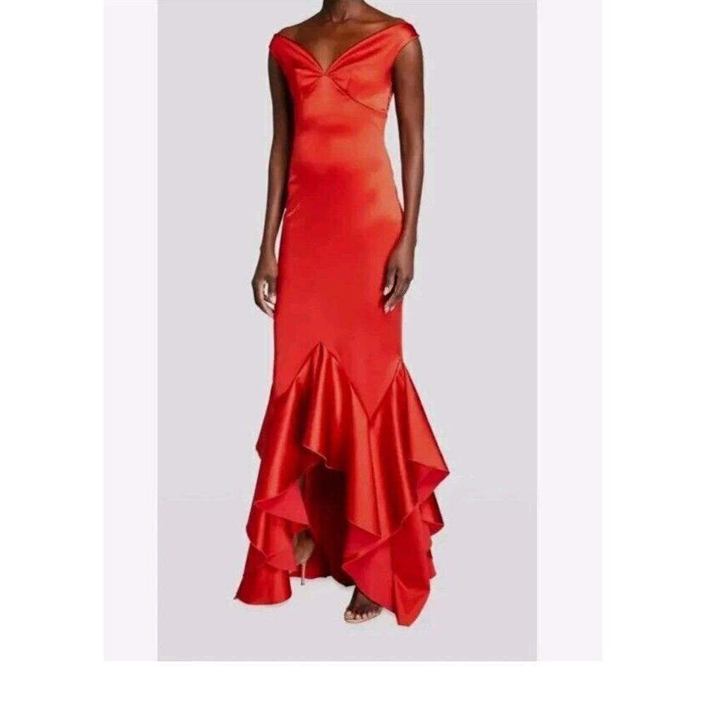 Chiara Boni Gown Sz 6‎ Red Satinos Off-the-Shoulder Hi-Low Dress formal $1295